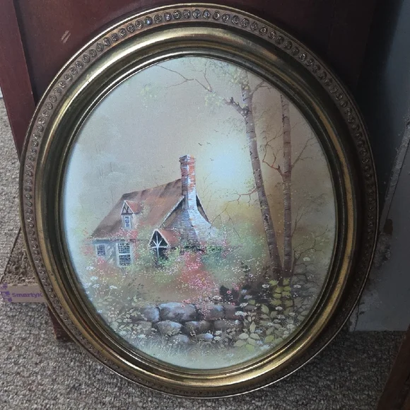 Charming Cottage Scene in Gold Plastic Frame - Picture 1 of 2